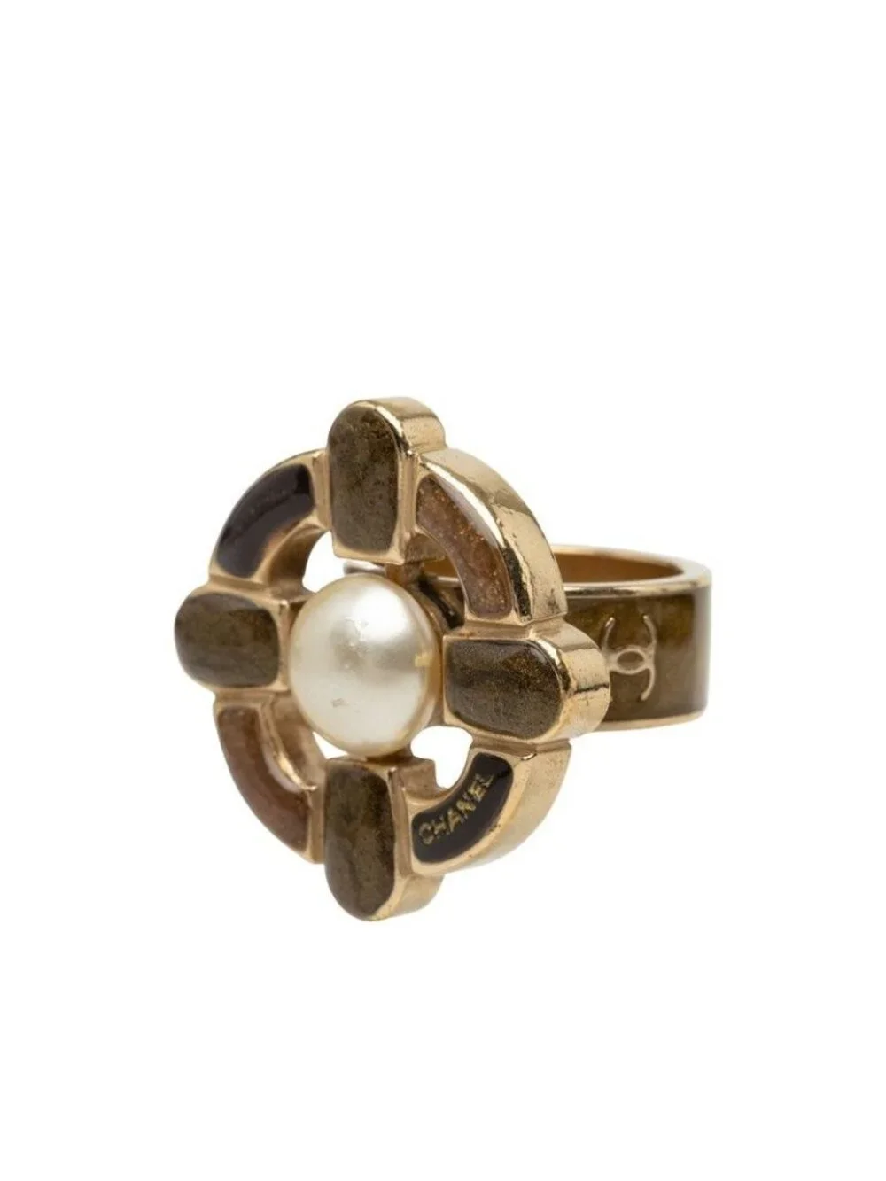 Chanel 07A CC Logo Ring Gold Brown Plated Faux Pearl